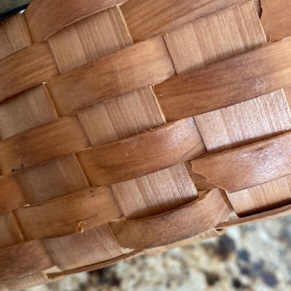 Vintage Basket Woven Wood Slat Hinged Handle Apple Design Green Accent 8.5x10” - Picture 15 of 16